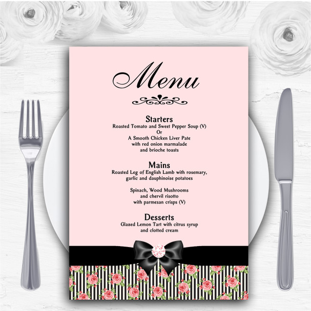 Coral Pink Rose Shabby Chic Black Stripes Personalised Wedding Menu Cards