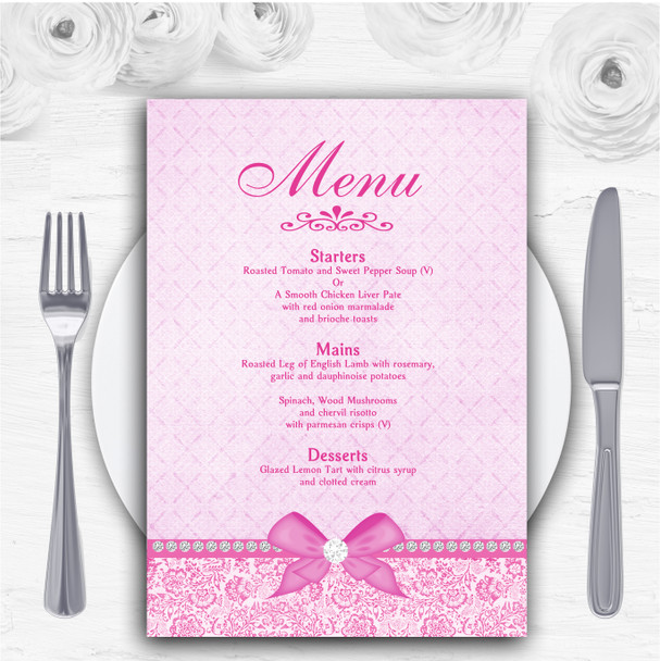 Pretty Floral Vintage Bow & Diamante Pink Personalised Wedding Menu Cards