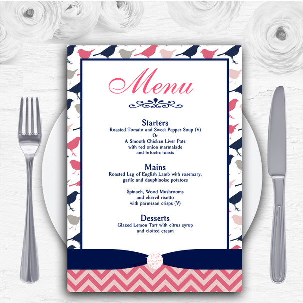 Coral Pink & Navy Blue Shabby Chic Birds Personalised Wedding Menu Cards