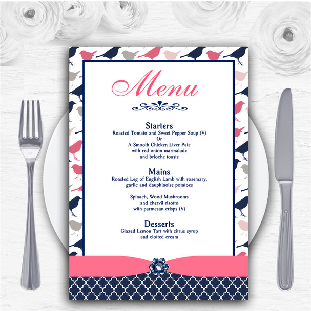 Navy Blue & Coral Pink Shabby Chic Birds Personalised Wedding Menu Cards