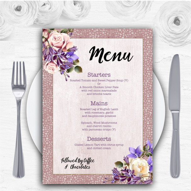 Pale Coral Pink & Lilac Watercolour Rose Personalised Wedding Menu Cards