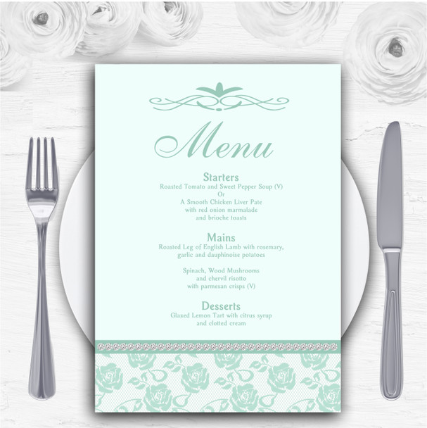 Pretty Mint Green & Sage Floral Diamante Personalised Wedding Menu Cards