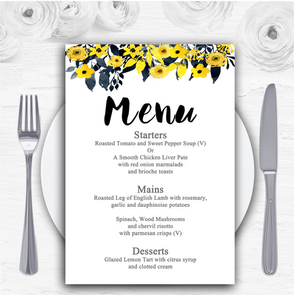 Watercolour Black & Yellow Floral Header Personalised Wedding Menu Cards