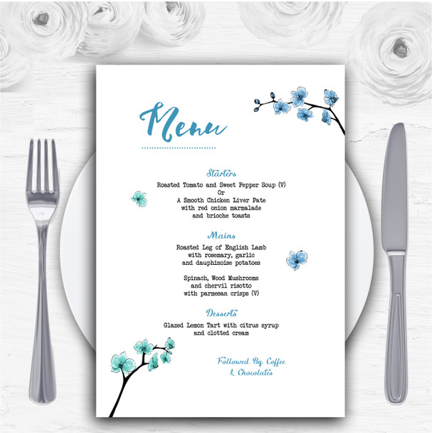 Blue & Green Cherry Blossom Watercolour Personalised Wedding Menu Cards