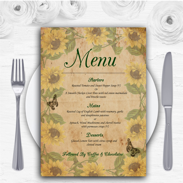 Sunflowers Vintage Shabby Chic Postcard Personalised Wedding Menu Cards