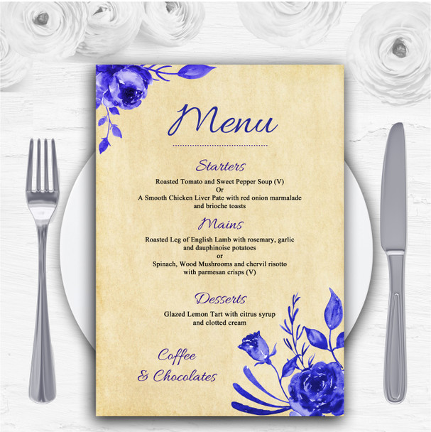 Vintage Blue & White Watercolour Floral Personalised Wedding Menu Cards