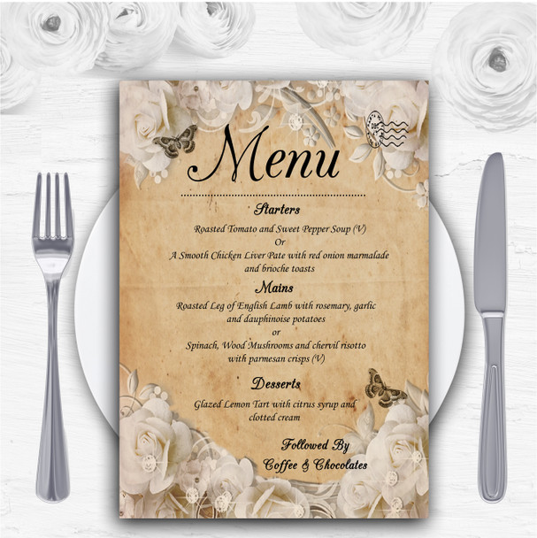 White Rose Vintage Shabby Chic Postcard Personalised Wedding Menu Cards