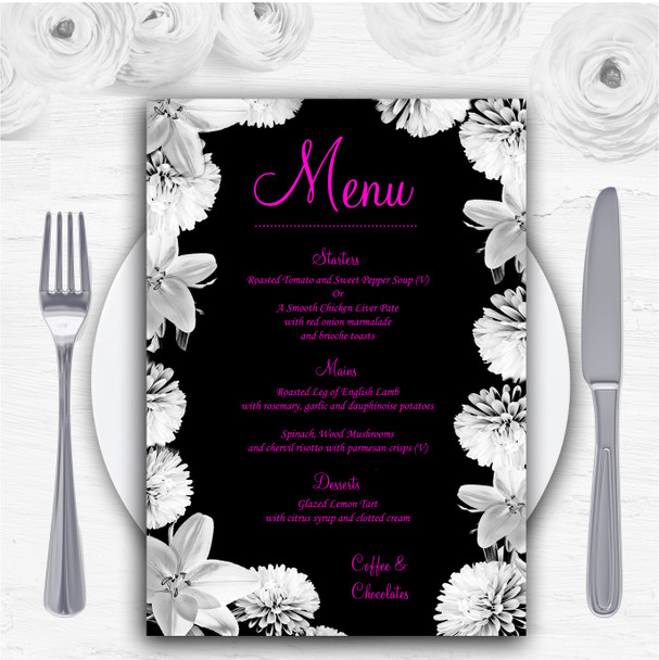 Stunning Lily Flowers Black Pink White Personalised Wedding Menu Cards