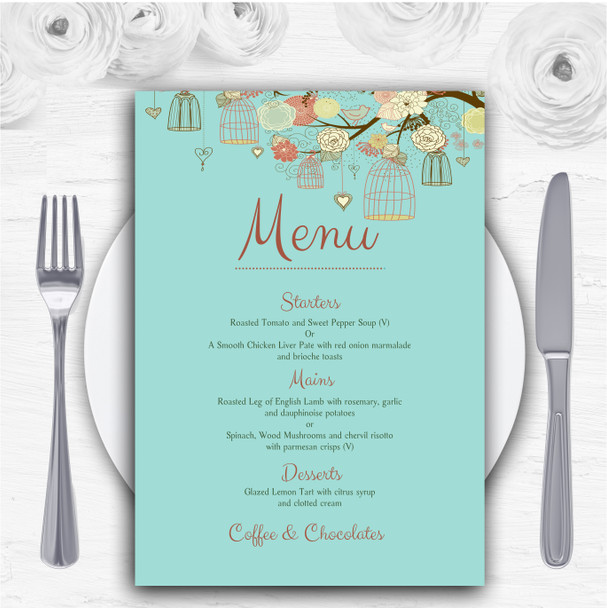 Vintage Shabby Chic Birdcage Turquoise Personalised Wedding Menu Cards