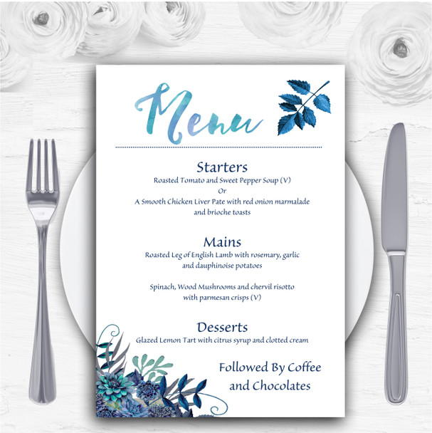 Aqua Green & Blue Watercolour Florals Personalised Wedding Menu Cards