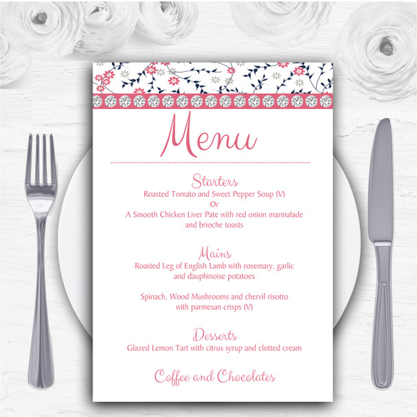 Dusty Coral Pink And Navy Blue Floral Personalised Wedding Menu Cards