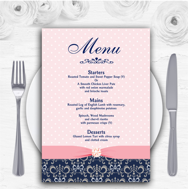 Dusky Coral Pink Vintage Diamond Bow Personalised Wedding Menu Cards