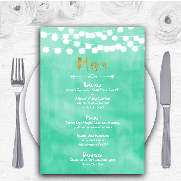 Mint Green & Gold Lights Watercolour Personalised Wedding Menu Cards