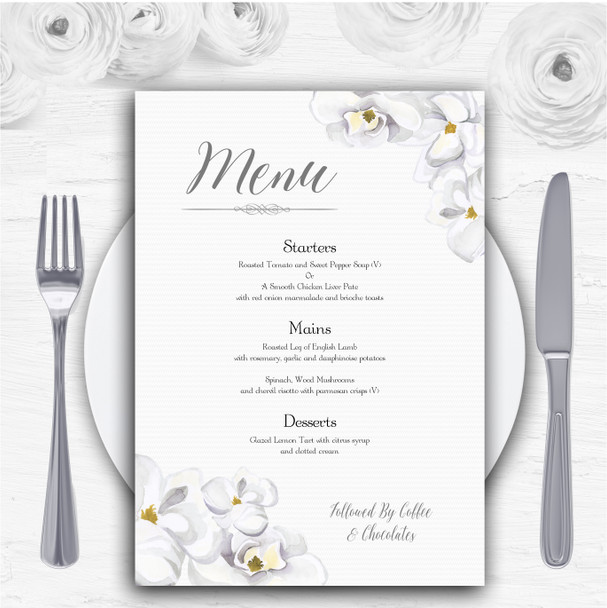 Stunning White Watercolour Magnolias Personalised Wedding Menu Cards