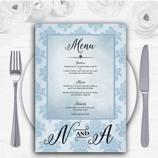 Vintage Damask Initials Powder Blue Personalised Wedding Menu Cards