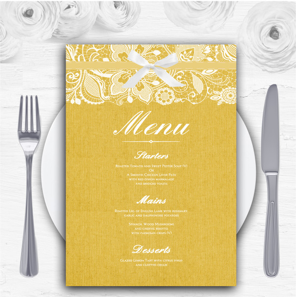 Vintage Golden Yellow Burlap & Lace Personalised Wedding Menu Cards