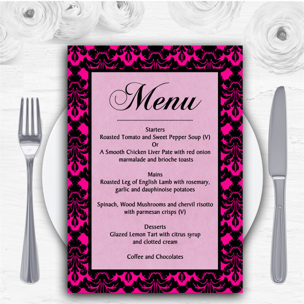 Bright Pink Black Damask & Diamond Personalised Wedding Menu Cards