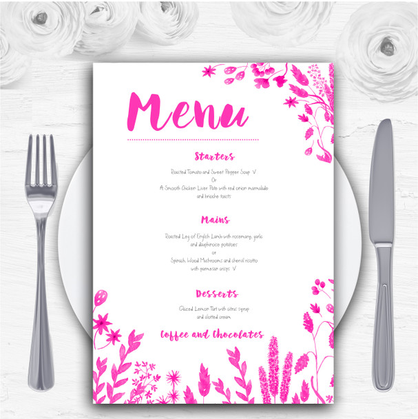 Hot Pink Autumn Leaves Watercolour Personalised Wedding Menu Cards