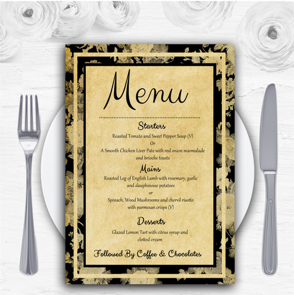 Vintage Black Roses Postcard Style Personalised Wedding Menu Cards