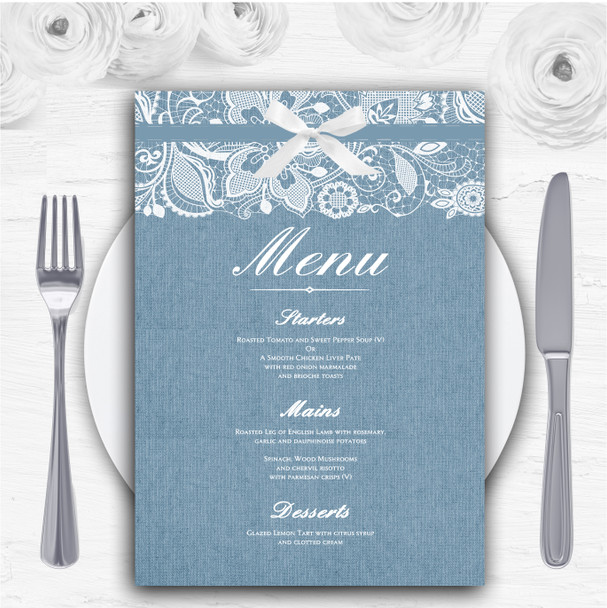 Vintage Dusky Blue Burlap & Lace Personalised Wedding Menu Cards