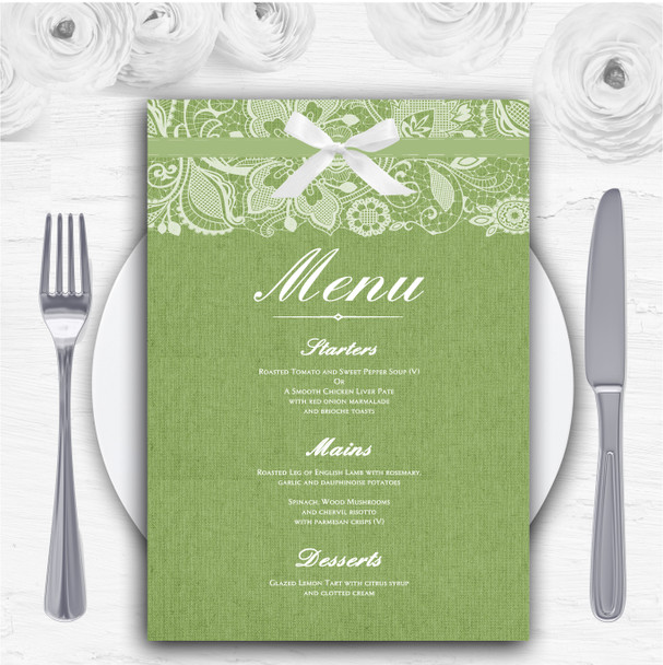 Vintage Sage Green Burlap & Lace Personalised Wedding Menu Cards