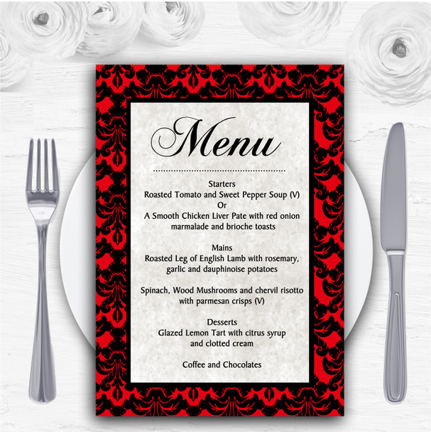 Deep Red Black Damask & Diamond Personalised Wedding Menu Cards