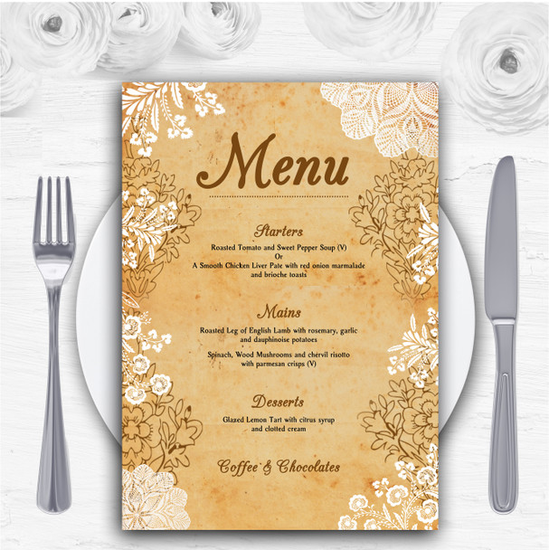 Shabby Chic Rustic Vintage Lace Personalised Wedding Menu Cards