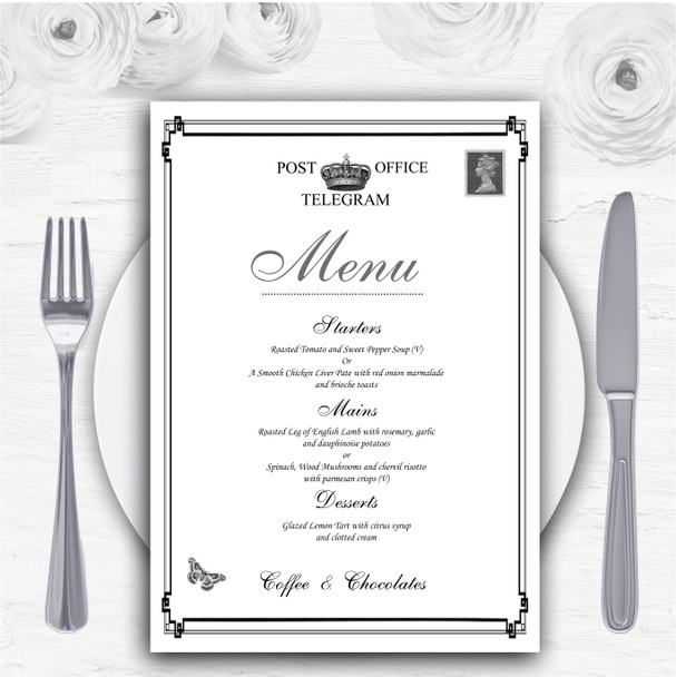 Vintage Telegram Elegant White Personalised Wedding Menu Cards