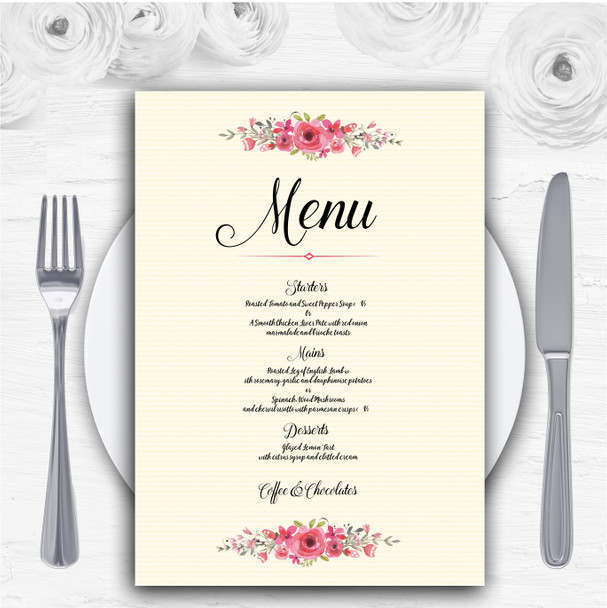 Watercolour Pink Floral Rustic Personalised Wedding Menu Cards