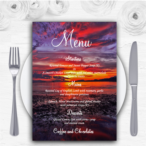 Beautiful Purple Sunset Beach Personalised Wedding Menu Cards