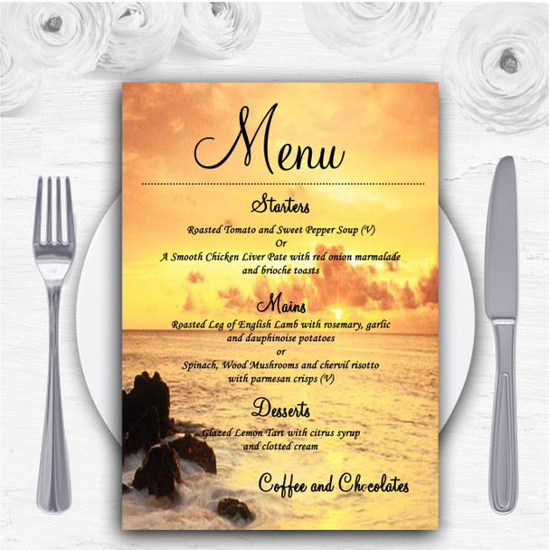 Beautiful Sunset Beach Abroad Personalised Wedding Menu Cards