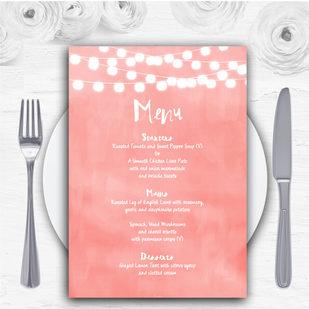 Coral Pink Lights Watercolour Personalised Wedding Menu Cards