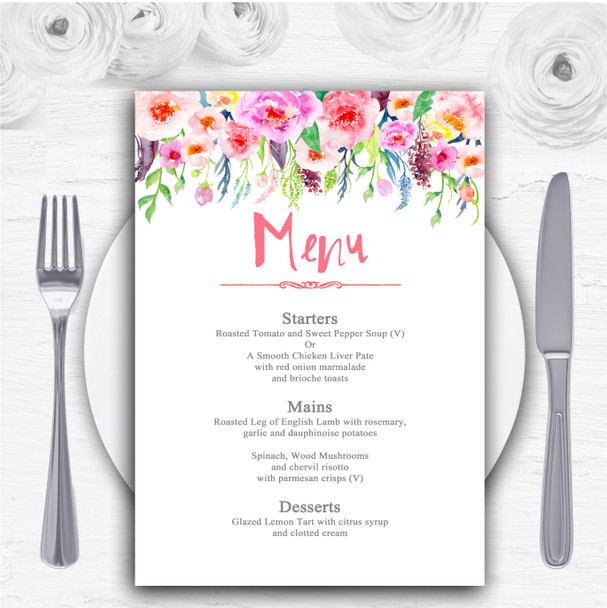 Coral Pink Watercolour Floral Personalised Wedding Menu Cards