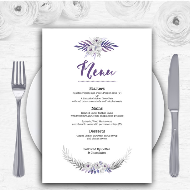 Purple & Silver Subtle Floral Personalised Wedding Menu Cards