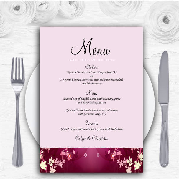 Purple Pink Heart And Flowers Personalised Wedding Menu Cards