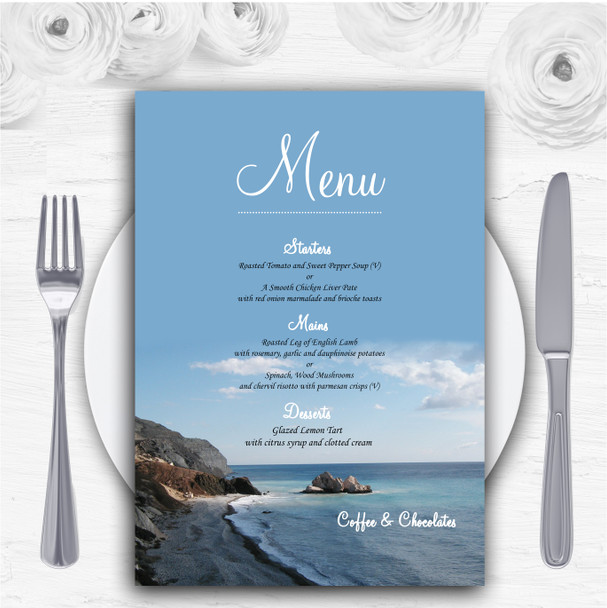 View Of A Cyprus Beach Abroad Personalised Wedding Menu Cards