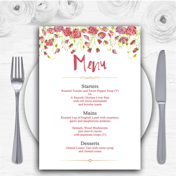 Plum Pink Watercolour Floral Personalised Wedding Menu Cards