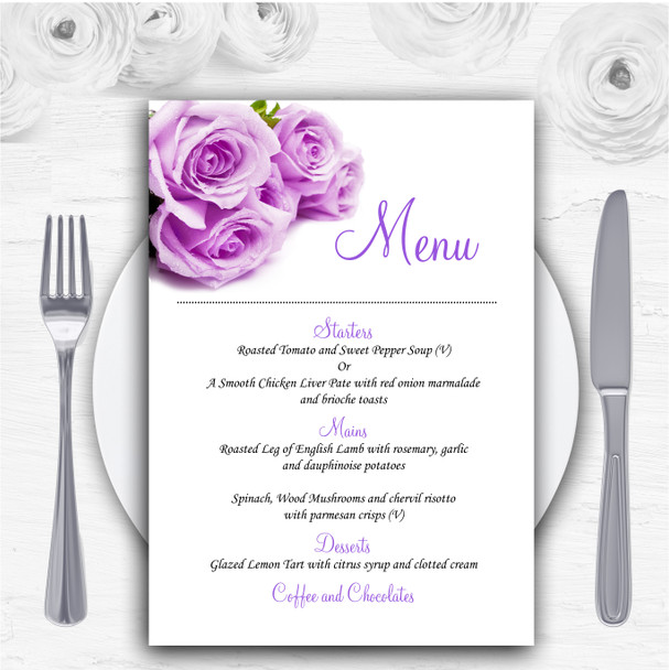 Beautiful Lilac Purple Rose Personalised Wedding Menu Cards