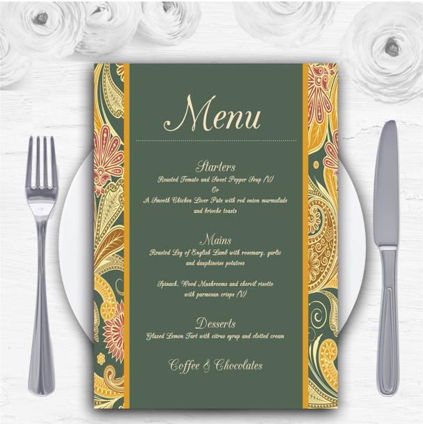 Green Yellow Orange Vintage Personalised Wedding Menu Cards