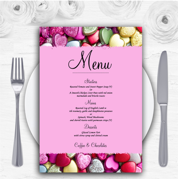 Colourful Cute Love Hearts Personalised Wedding Menu Cards