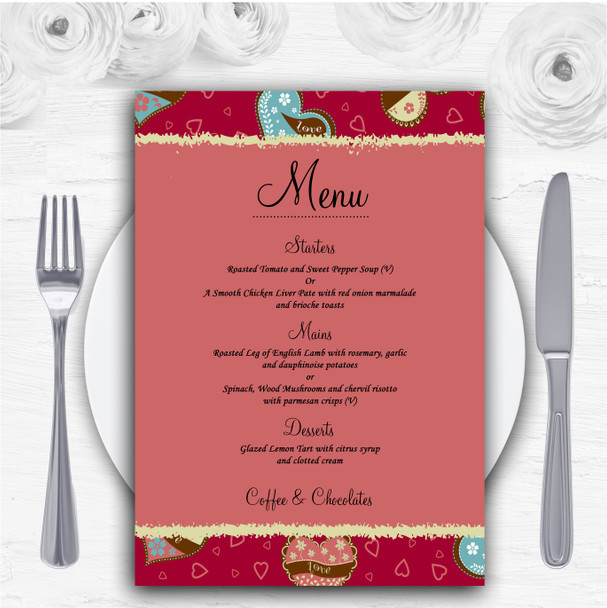 Modern Red Fun Love Hearts Personalised Wedding Menu Cards