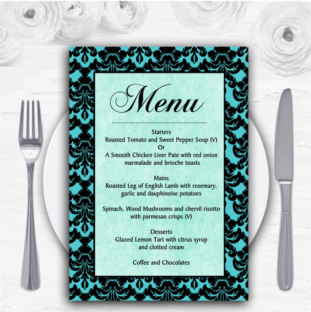 Turquoise Damask & Diamond Personalised Wedding Menu Cards