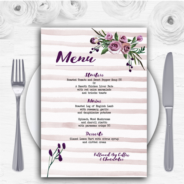 Watercolour Stripes Purple Personalised Wedding Menu Cards