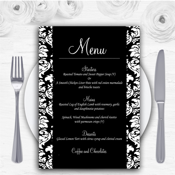 Floral Black White Damask Personalised Wedding Menu Cards