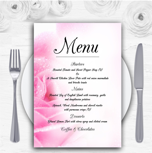 Pastel Pale Wet Pink Rose Personalised Wedding Menu Cards