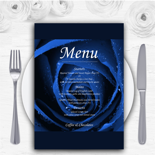 Stunning Royal Blue Rose Personalised Wedding Menu Cards