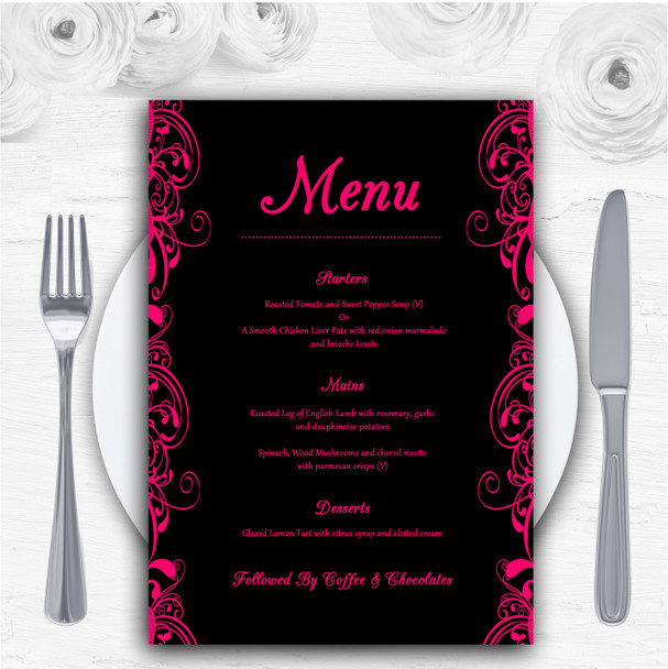 Black & Pink Swirl Deco Personalised Wedding Menu Cards