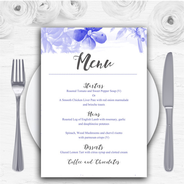 Blue Watercolour Floral Personalised Wedding Menu Cards