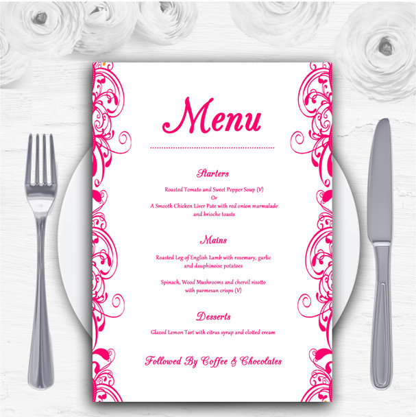 White & Pink Swirl Deco Personalised Wedding Menu Cards