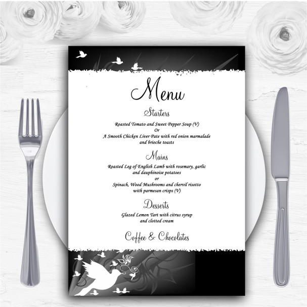 Black With White Doves Personalised Wedding Menu Cards